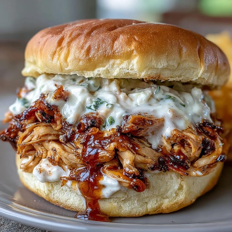 Juicy pulled chicken piled on buns, generously drizzled with tangy white BBQ sauce.