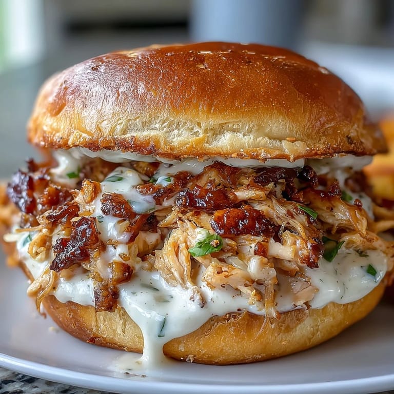 Golden-brown buns overflowing with savory smoked pulled chicken and Alabama white sauce.