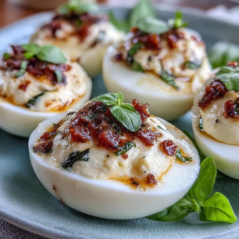 Savory Caprese Deviled Eggs, drizzled with bright basil oil, ready for serving.
