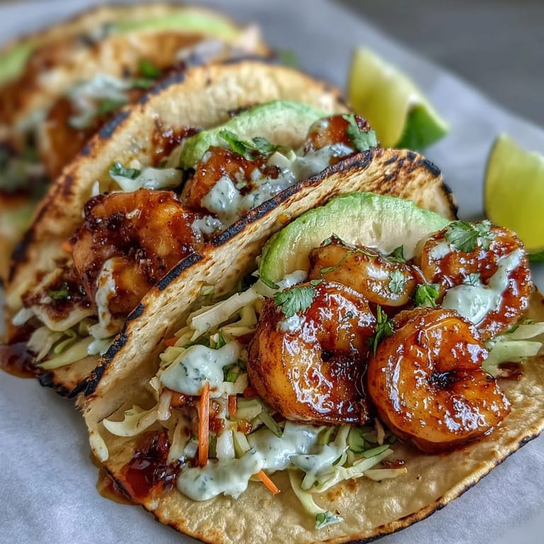 3. Flavorful honey garlic shrimp tacos topped with crunchy cabbage slaw, fresh cilantro, and a tangy lime crema for a satisfying meal.