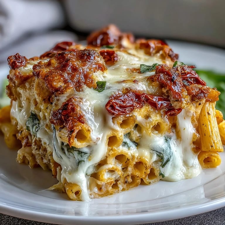 Cheesy Sun-Dried Tomato Pasta Bake topped with fresh basil, bubbly and delicious.
