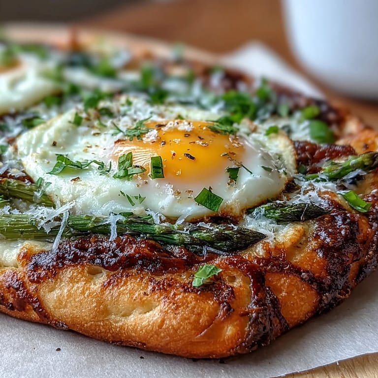 Thin, crispy flatbread layered with asparagus, parmesan, and a soft egg — a simple vegetarian meal.