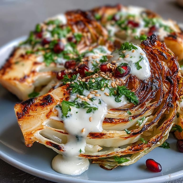 A Middle Eastern-inspired side dish of grilled cabbage wedges, creamy tahini sauce, and colorful pomegranate seeds, perfect for adding bold flavor to any meal.