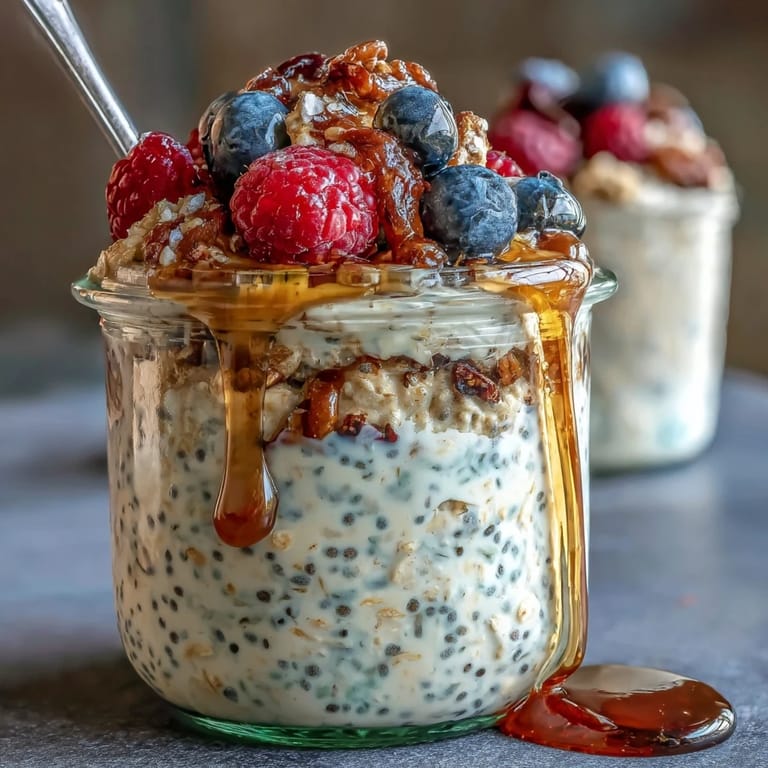 A delicious high fiber overnight oats breakfast, ready in minutes.