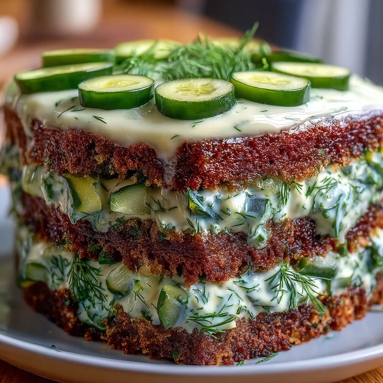 Beautifully frosted Pickle Cake showcasing its unique, savory layers and fresh dill.