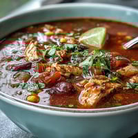 High-protein chicken taco soup with veggie confetti in a steaming bowl, garnished with fresh cilantro and avocado slices.  