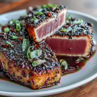 A beautifully seared tuna steak coated in black sesame seeds, served with a zesty wasabi mayo and fresh garnishes.