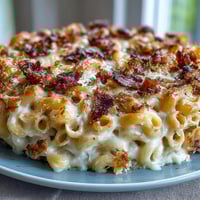 Comfort Food Mac and Cheese Bake with Bacon Crumbs: A creamy, golden baked macaroni and cheese topped with crispy bacon crumb topping for ultimate comfort.