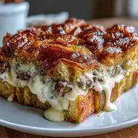 Buttery croissant French toast casserole with mixed berries baked to golden perfection