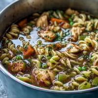 Hearty Chicken Run One-Pot Chicken Noodle Soup with tender chicken, fresh vegetables, and savory broth in a single pot.