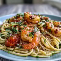 A steaming bowl of one-pot garlic shrimp with angel hair pasta, bursting with vibrant vegetables and fresh herbs.