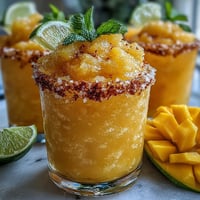 Frozen mango margarita mocktail with lime, served in a salt-rimmed glass over crushed ice.