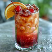 Vibrant ombre sunrise mocktail with grenadine, orange, and pineapple juices, garnished with a cherry and orange slice.