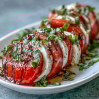 A vibrant Caprese salad with juicy heirloom tomatoes, fresh mozzarella, and aromatic basil oil drizzle.