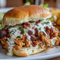 Tender smoked pulled chicken sandwiches dripping with creamy white BBQ sauce.
