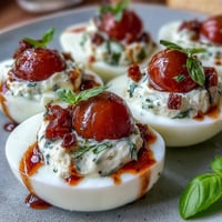 Caprese Deviled Eggs with basil oil, showcasing vibrant tomato and mozzarella topping.