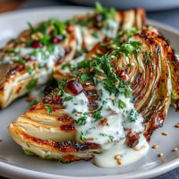 Smoky grilled cabbage wedges drizzled with creamy tahini sauce and garnished with fresh parsley and pomegranate seeds for a vibrant, healthy side dish.  