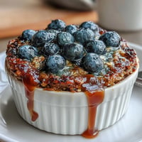 Warm blueberry baked oats topped with fresh berries and a drizzle of maple syrup, perfect for a cozy breakfast.  