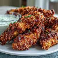 Golden-brown Pickle Brine Chicken Tenders showcasing a thick, crispy coating.