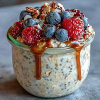 Creamy high fiber overnight oats with plump berries and whole grains.